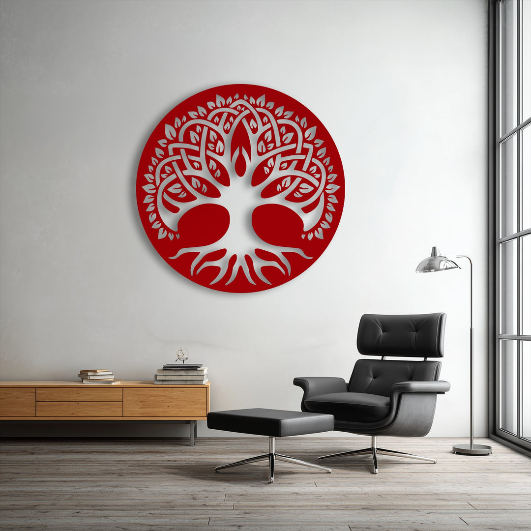 The serene atmosphere is captured by the prominent red Sacred Tree of Life Circle metal wall decor, anchoring the quiet room.