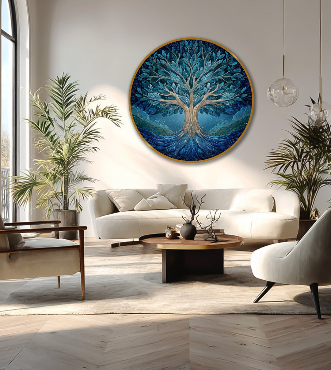 Depicting a serene midnight harmony, the darkest area enhances the celestial tones of the round Tree of Life oil painting artwork with its flowing roots.