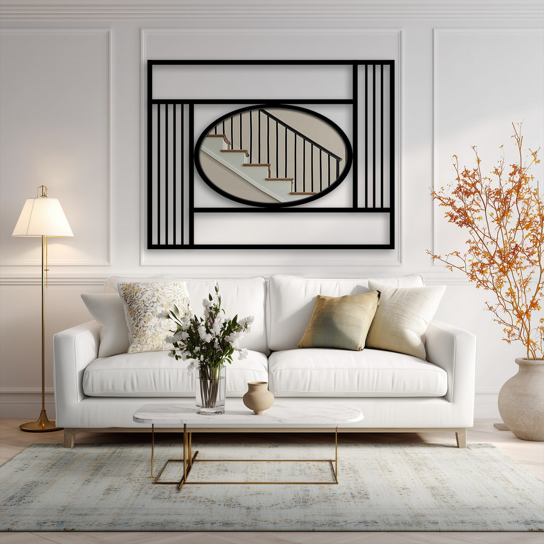 Foreground shows the stylish decoration wall art of a modern geometric oval floor mirror featuring structured lines and a black metal frame.