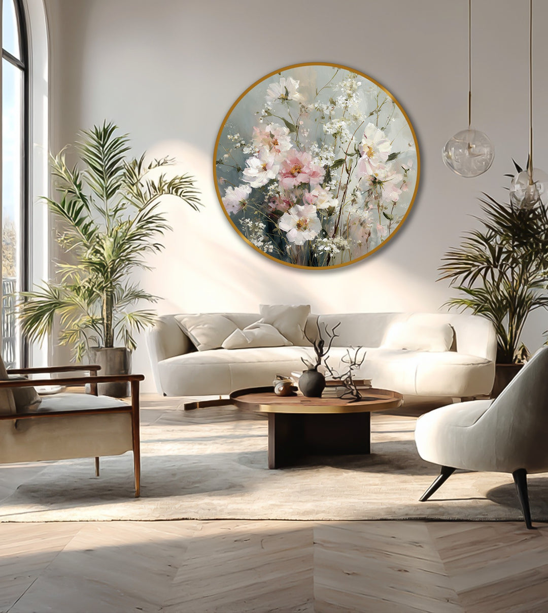 Sunlight highlights the soft pastel wildflowers in this elegant floral round oil painting, creating a radiant effect perfect for oil painting home decor.