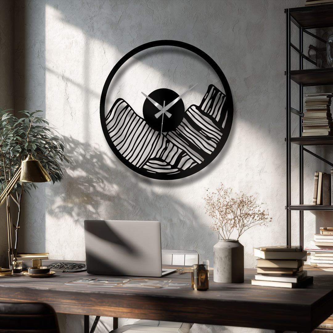 Visual rhythm created by the alternating lines in this modern canyon landscape design defines this bold metal art for wall clock, making it a striking decor piece.