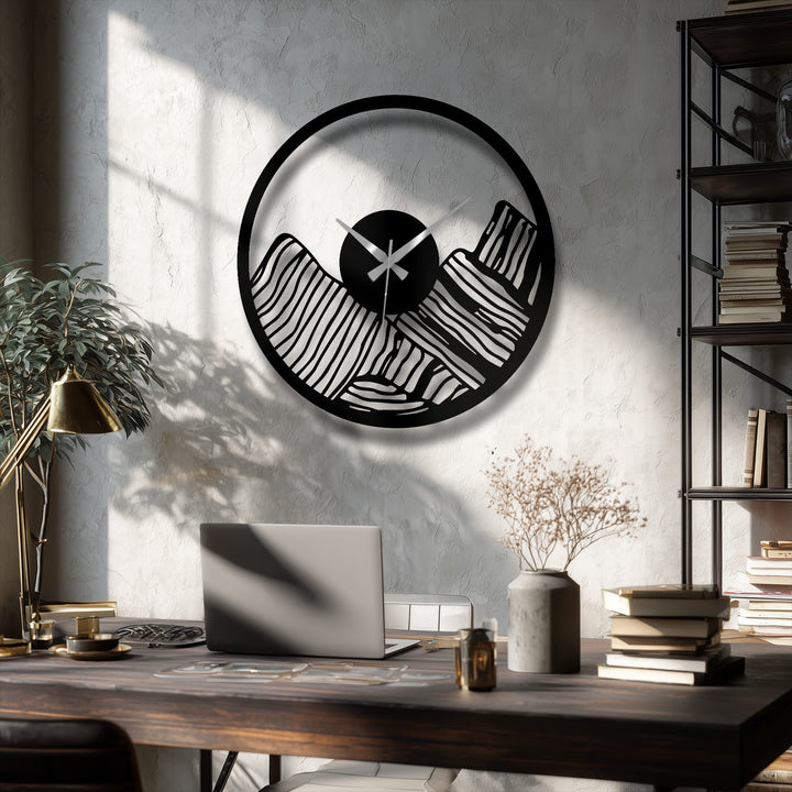 Visual rhythm created by the alternating lines in this modern canyon landscape design defines this bold metal art for wall clock, making it a striking decor piece.