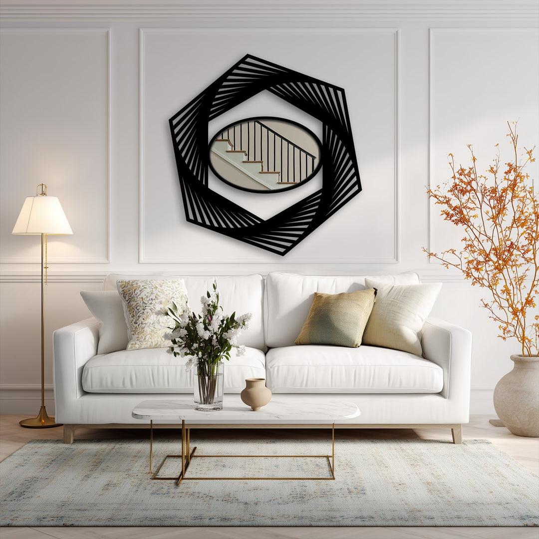 The darkest area of this geometric wall mirror showcases a unique metal wall art design with a black hexagon frame surrounding an oval mirror for wall decor.