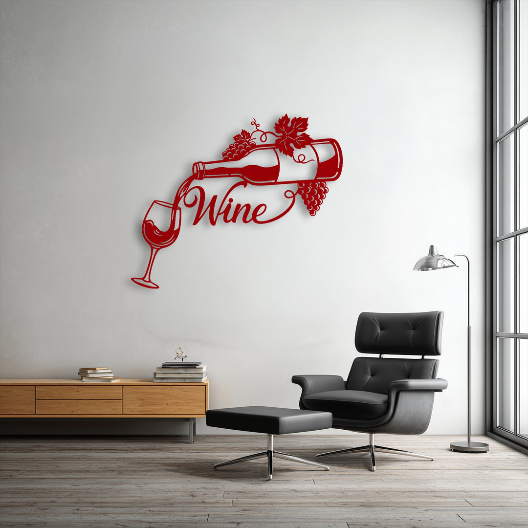An elegant, relaxing mood emanates from the unique metal wall art featuring pouring wine and grapes in a contemporary setting.