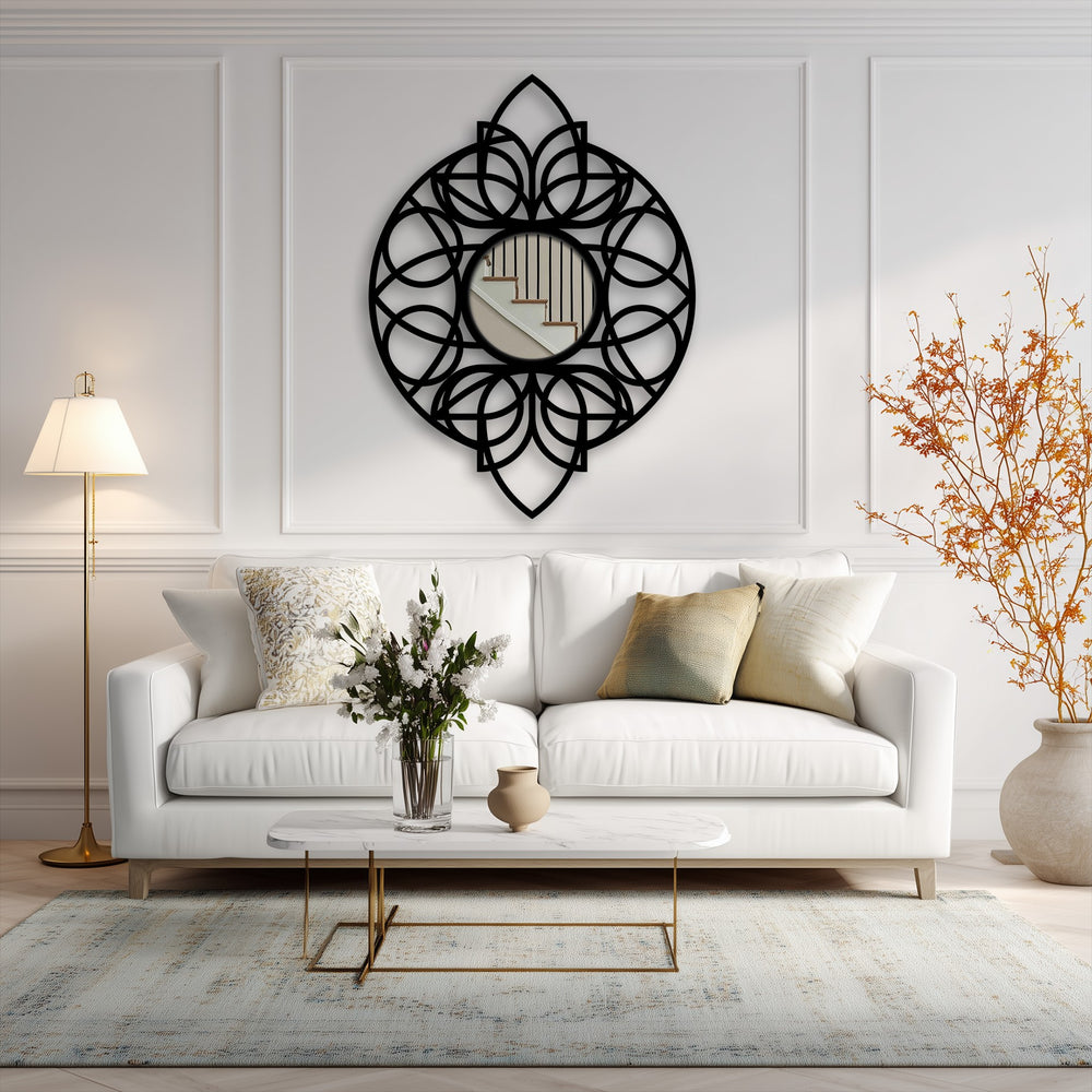 Visual rhythm is created by the round mandala black metal floor mirror's geometric pattern, a captivating piece of metal wall decor that draws the eye.