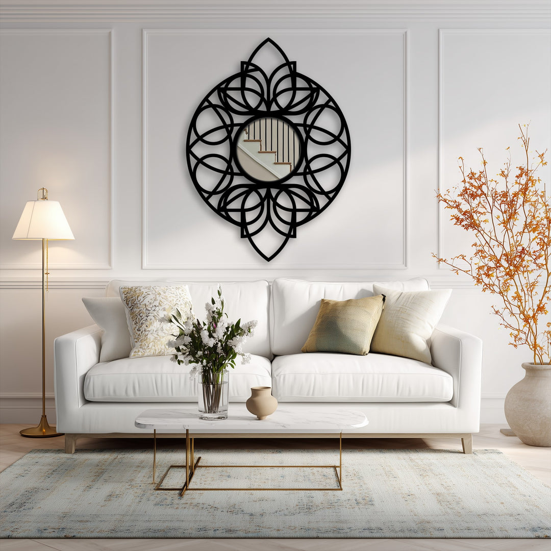 Visual rhythm is created by the round mandala black metal floor mirror's geometric pattern, a captivating piece of metal wall decor that draws the eye.