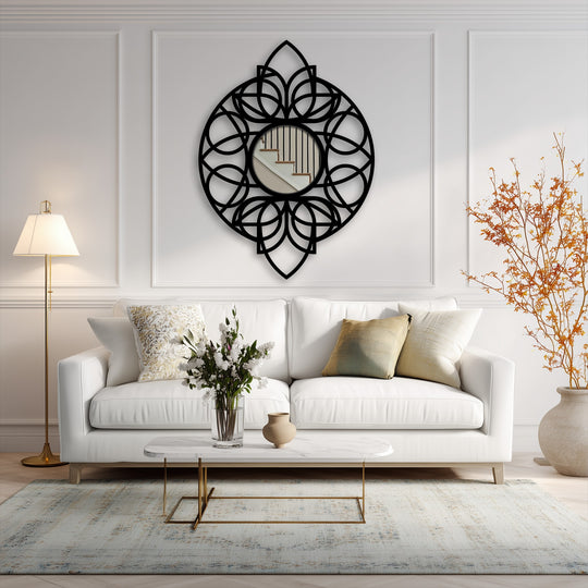 Visual rhythm is created by the round mandala black metal floor mirror's geometric pattern, a captivating piece of metal wall decor that draws the eye.