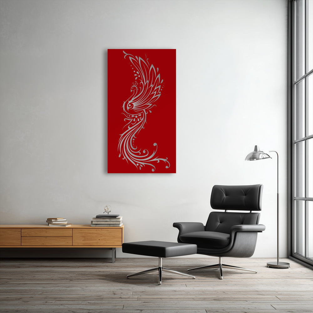 The highly saturated red background of the Phoenix metal artwork with its ornate silver bird design creates a vibrant focal point.