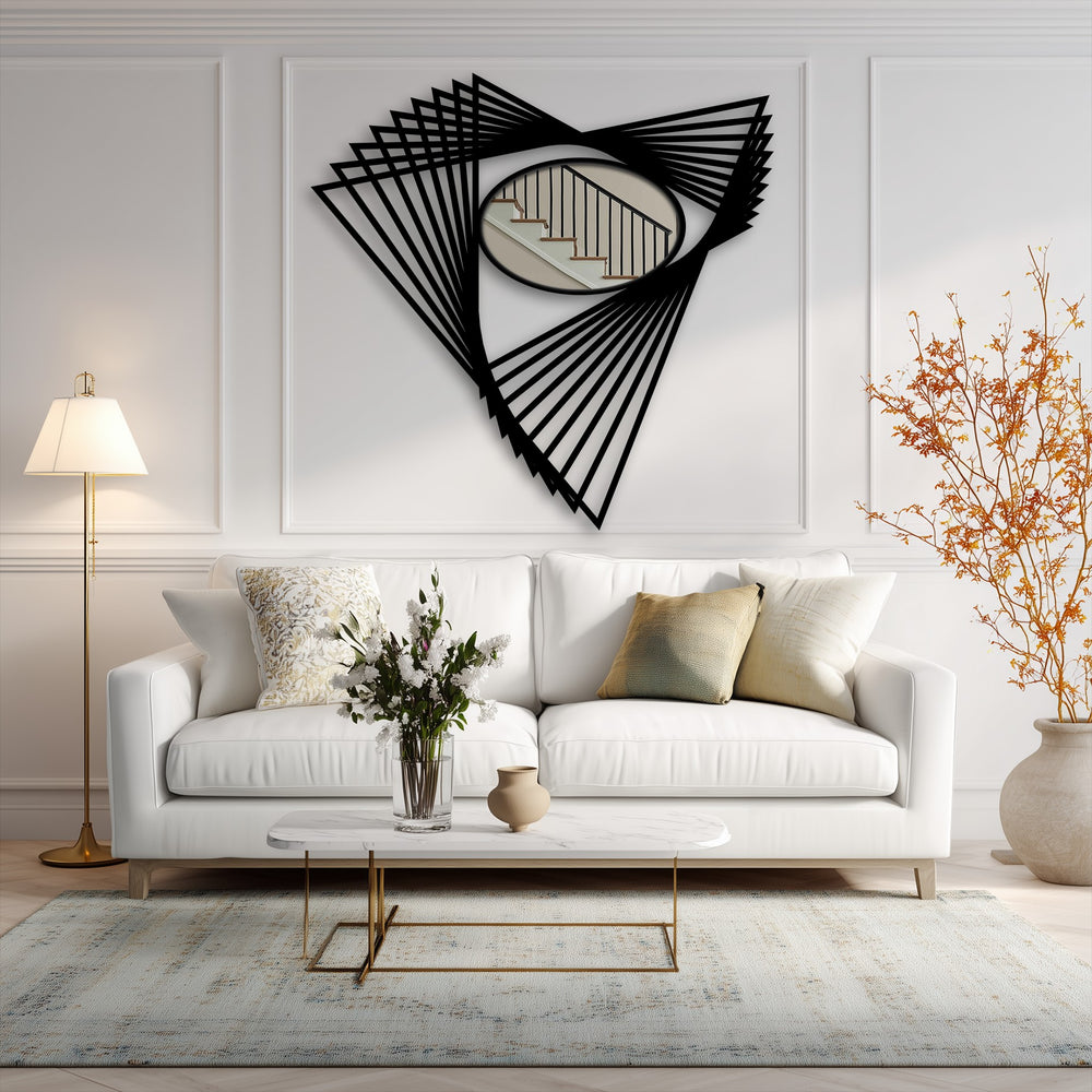 White walls create a neutral backdrop for a striking decorating with wall mirrors, highlighting the contrast with the black angular motion lines of the abstract geometric floor mirror.