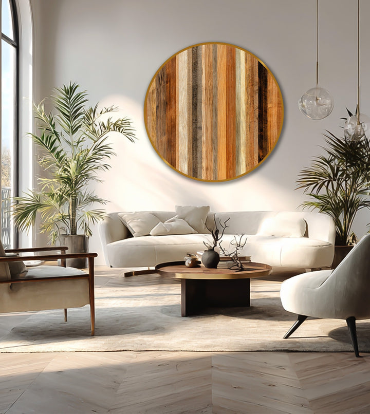 Wooden oil painting reproduction print displays vertical natural wood grain textures in shades of brown, beige, and gray within a warm-toned circular frame.