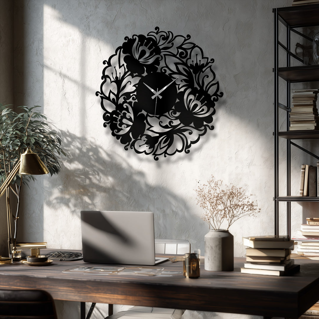 Highlighting the layering effect, this floral metal wall clock showcases decorative metal art with an elegant bloom garden design, adding depth to its unique presentation.