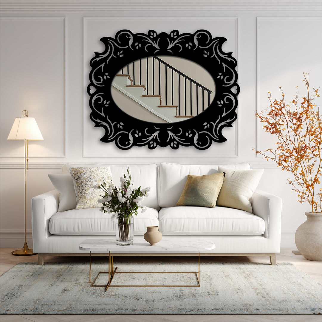 Swirling floral patterns within this decoration wall art frame seem to invite a journey up the reflected staircase in this ornate oval floor mirror.
