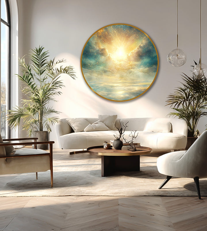 The stillness of the light-filled sky reflects in this round oil painting reproduction print, showcasing celestial radiance and a serene, ethereal quality.