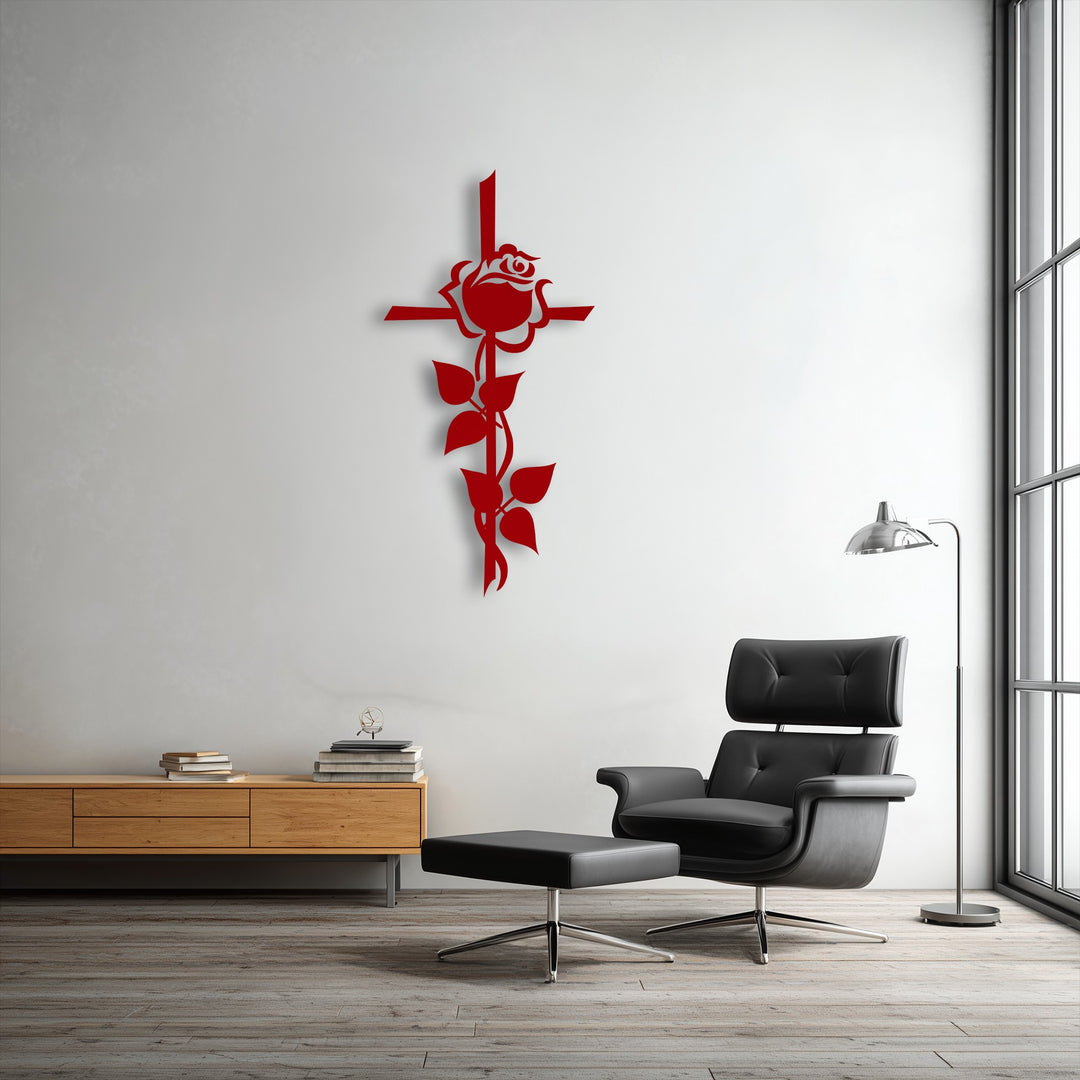 A vibrant red rose cross silhouette takes center stage, an intricate piece of spiritual floral metal wall decor against a bright white wall.