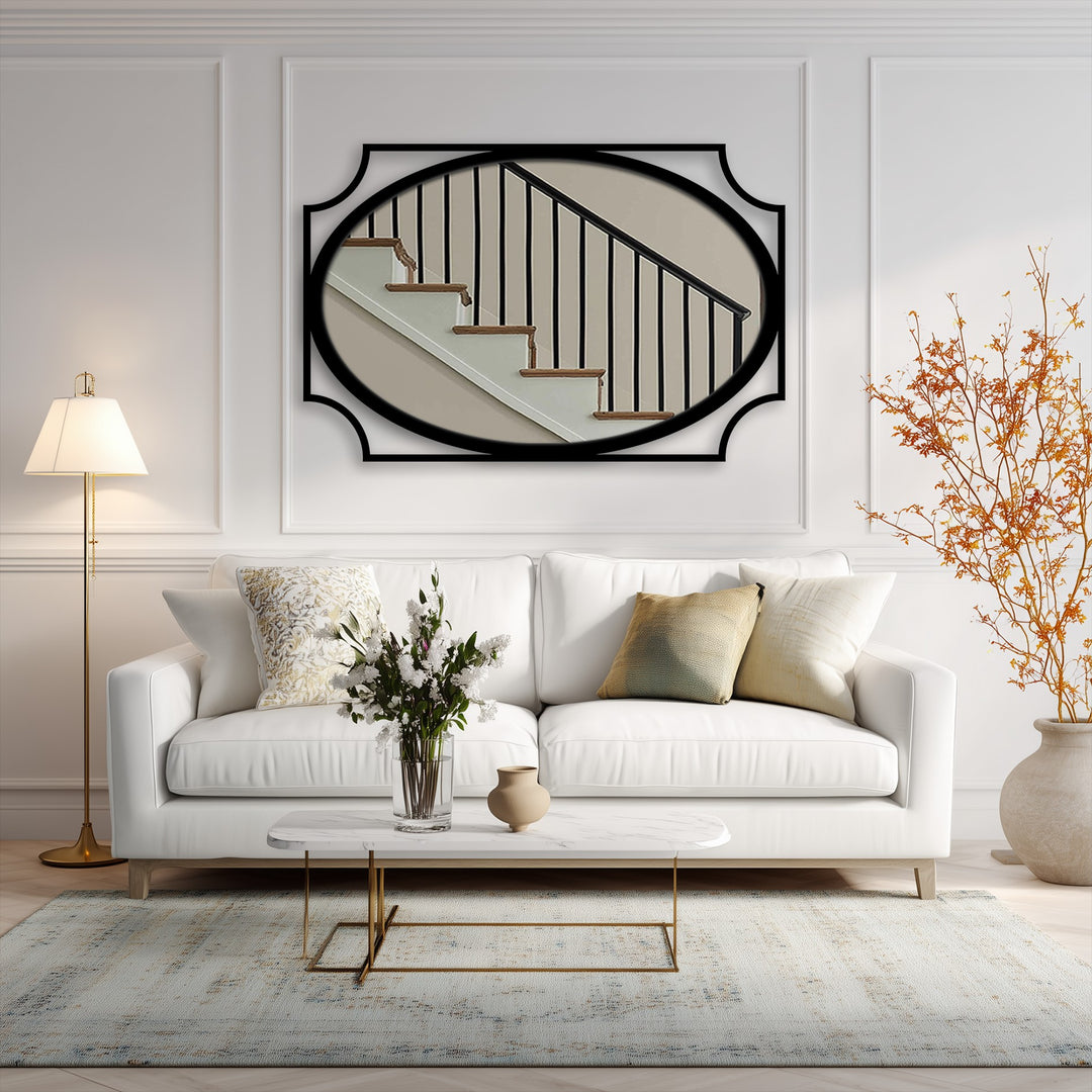 Offering a stark contrast, the decorative metal art frame accentuates the minimalist oval floor mirror, becoming the focal point of this elegantly staged living space.