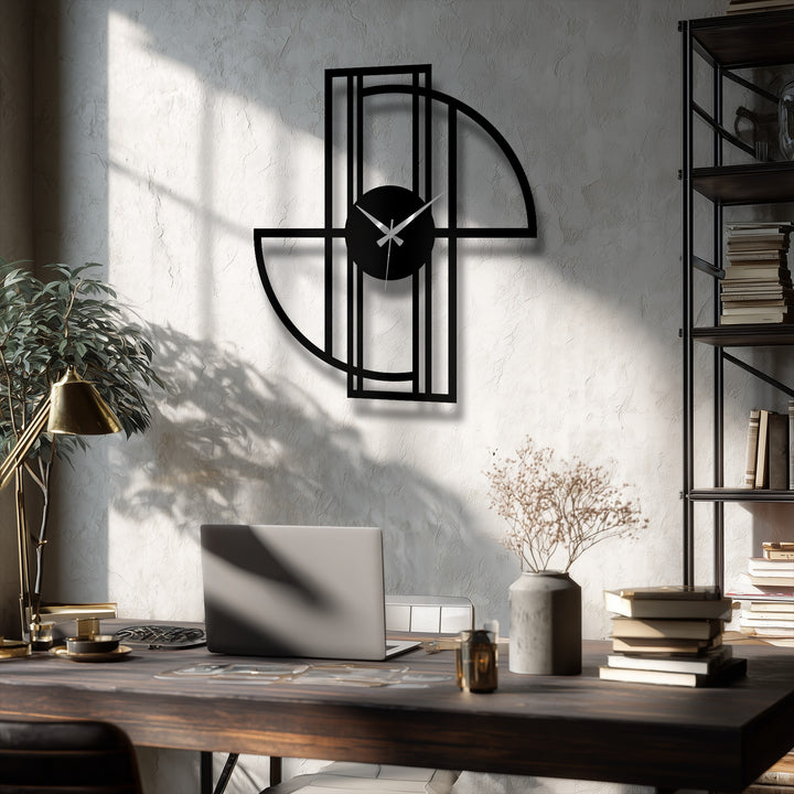 Dramatic light and shadow highlight the unique metal wall art of this geometric frame metal wall clock, accentuating its modern, minimalist design.