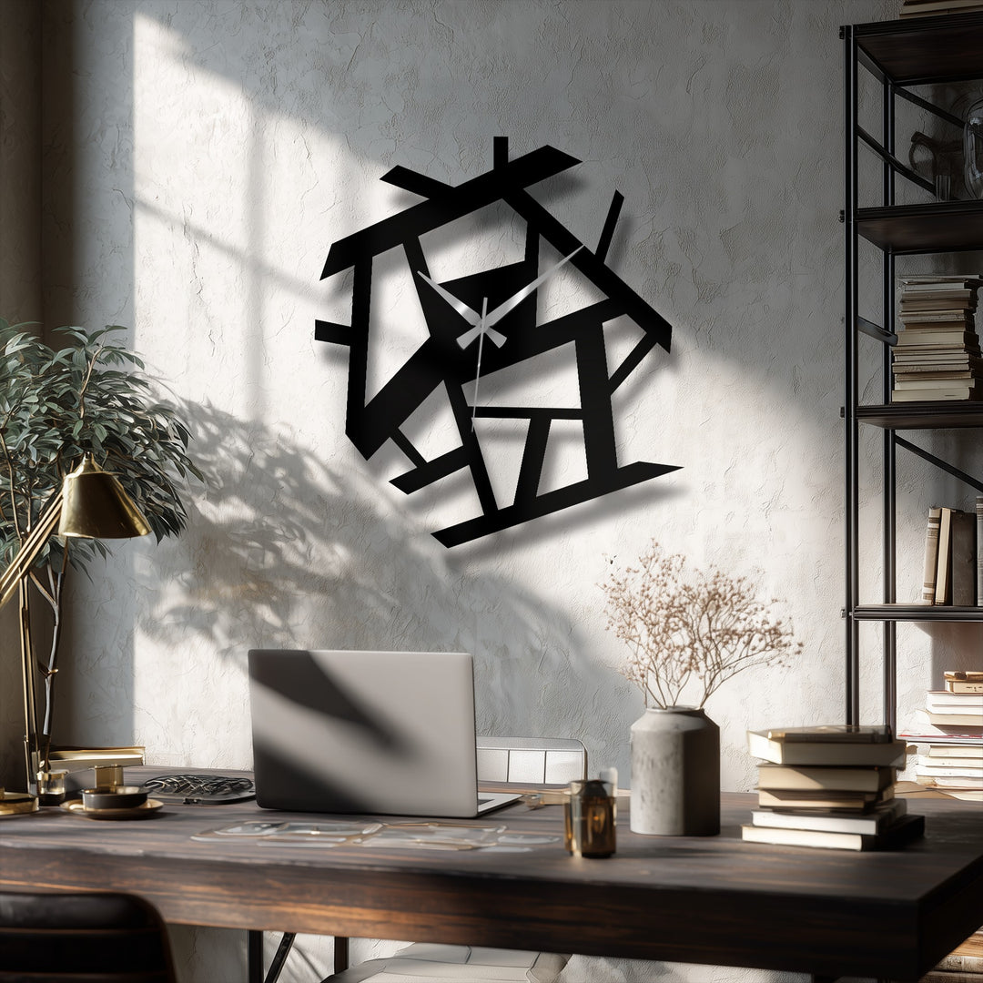 Focal point of the abstract geometric metal wall clock featuring decorative metal art in a stylish modern design that adds an artistic touch to the room.