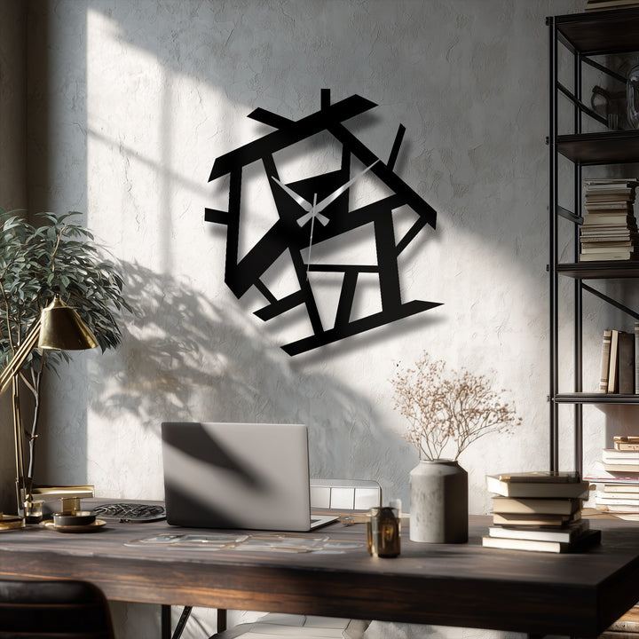 Focal point of the abstract geometric metal wall clock featuring decorative metal art in a stylish modern design that adds an artistic touch to the room.