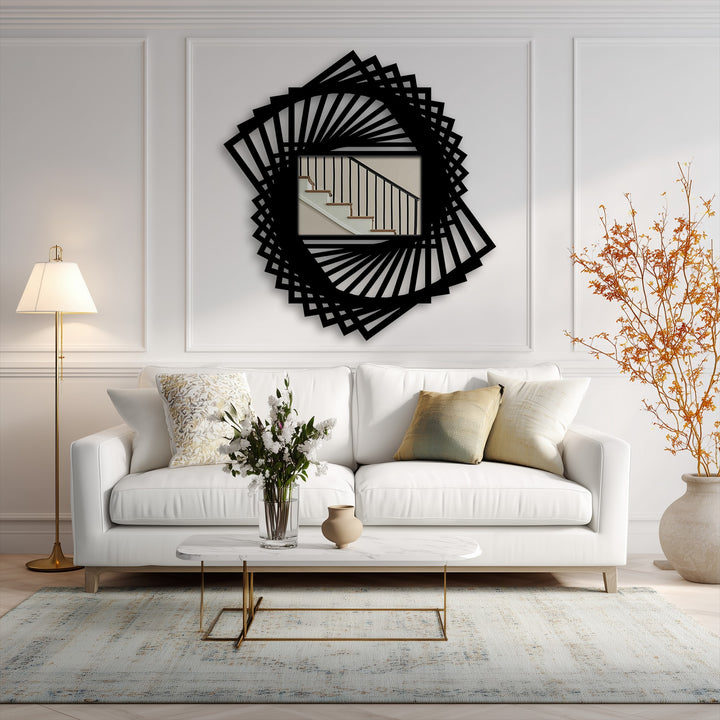 Geometric, layered metal wall decor is featured in this spiral fan floor mirror with rotating frame, creating striking depth and layers.
