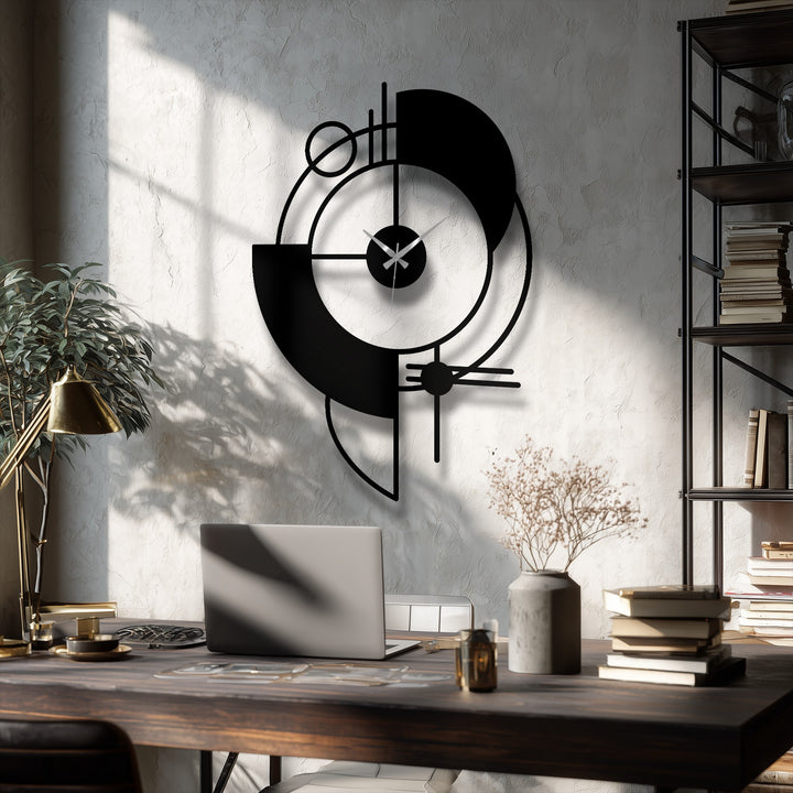 In the stillness, a modern abstract geometric metal wall clock casts a quiet shadow, a decoration wall art piece contrasting with the rustic textured wall.