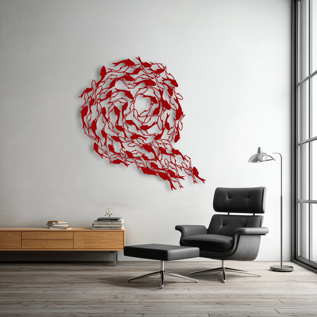 The intricate layering of vibrant red koi fish forms a dynamic circular decoration wall art, evoking flowing harmony.