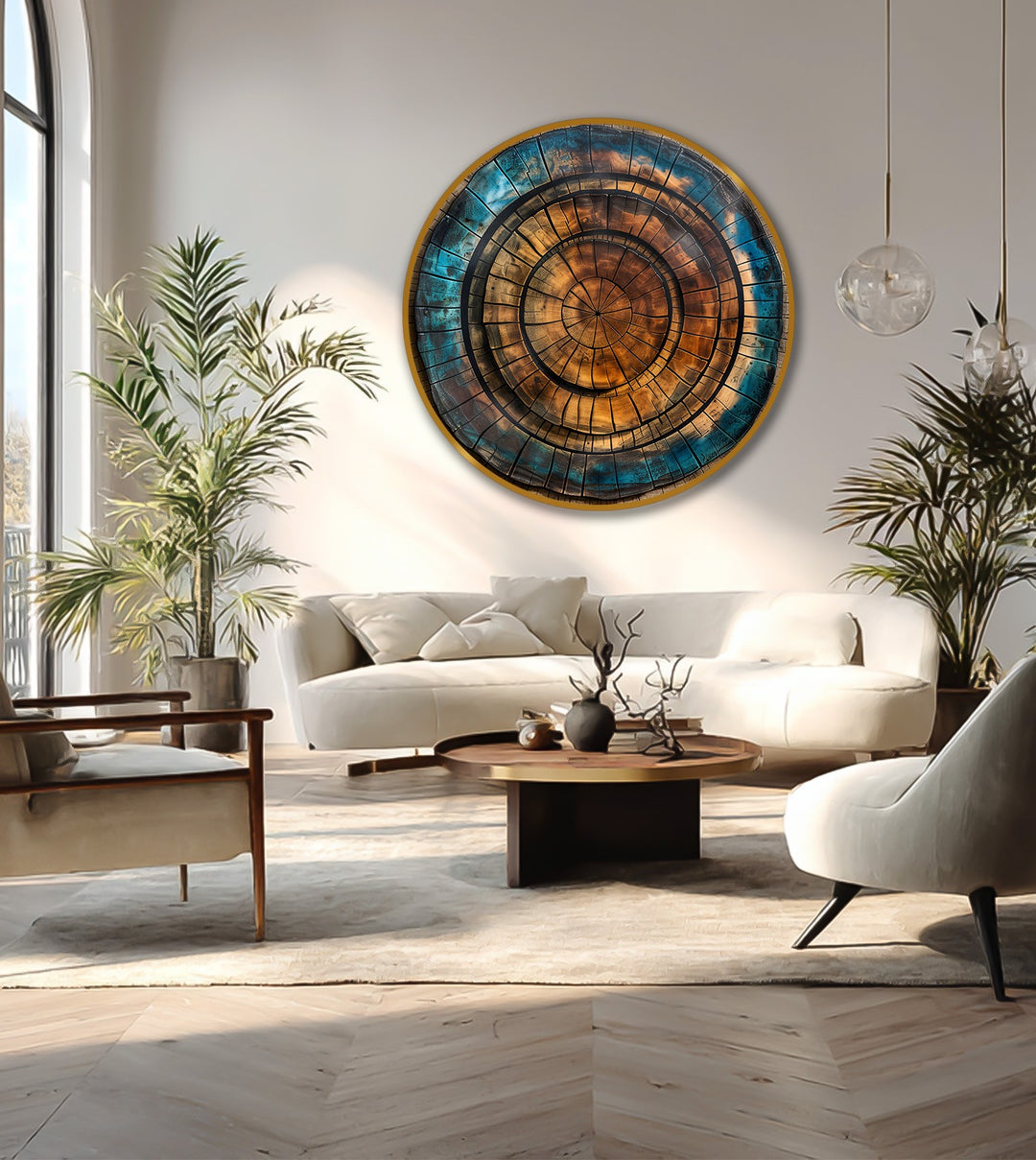 Hand-painted quality is evident in the copper spiral abstract round oil painting wall art on wood, showcasing the unique texture and vibrant copper and teal tones.