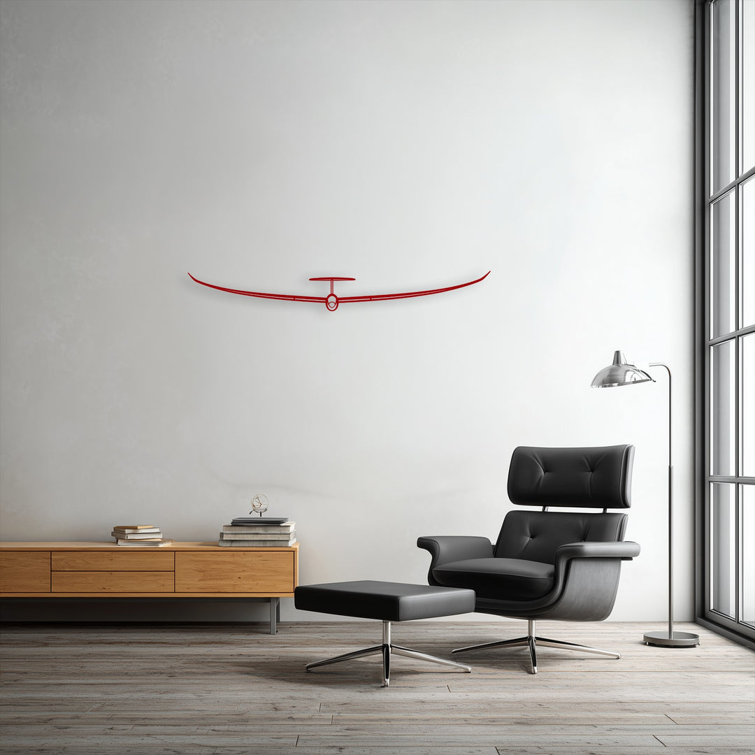 The unique metal wall art of a minimalist glider creates a striking layer, adding depth above the layered modern furniture.