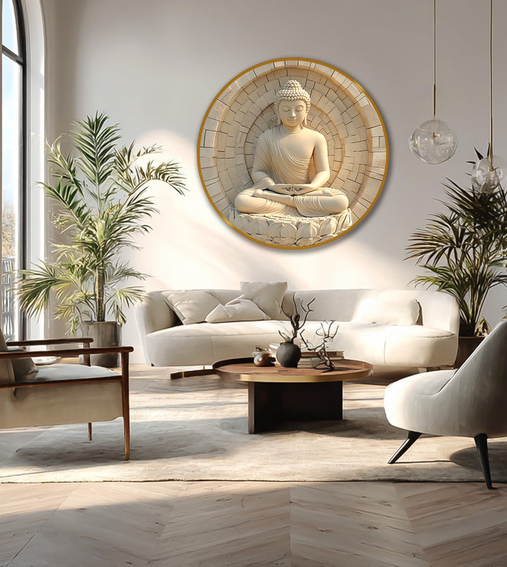 Warm color temperature radiates from the ivory stone Buddha round oil painting art prints, highlighting its spiritual details in the softly lit room.