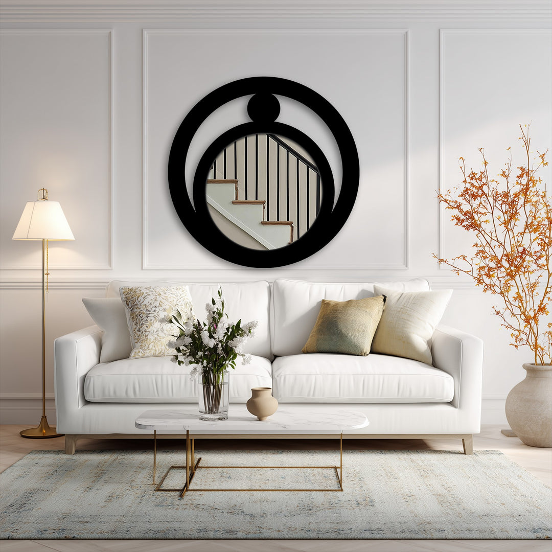 Warm light enhances the modern crescent orb metal wall mirror, a stunning decoration wall art piece with minimalist celestial design, in a room with cool white accents.