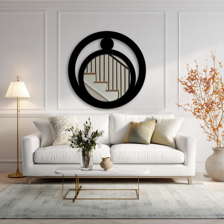Warm light enhances the modern crescent orb metal wall mirror, a stunning decoration wall art piece with minimalist celestial design, in a room with cool white accents.