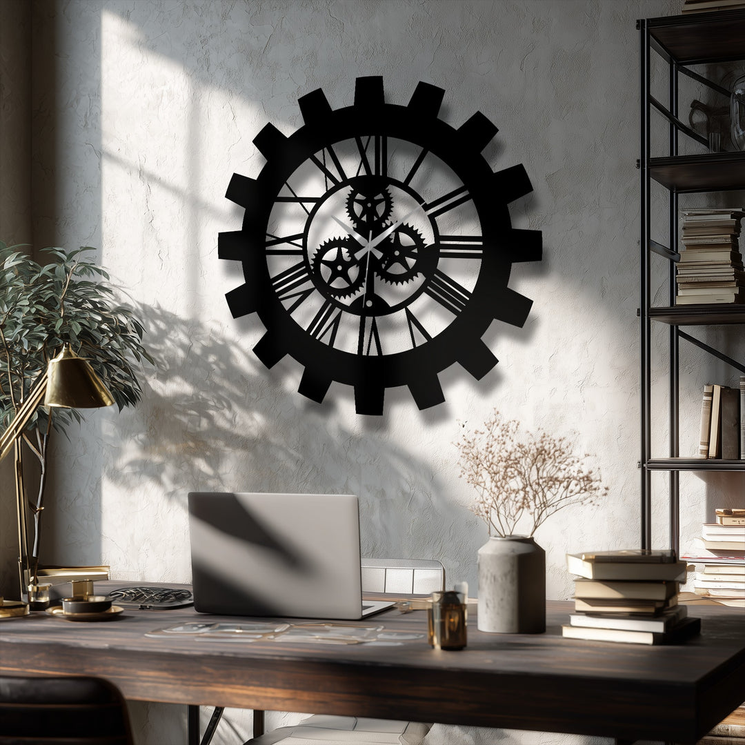 The brightest area spotlights the industrial gear roman numeral metal artwork clock on the wall with its inner mechanics in view.