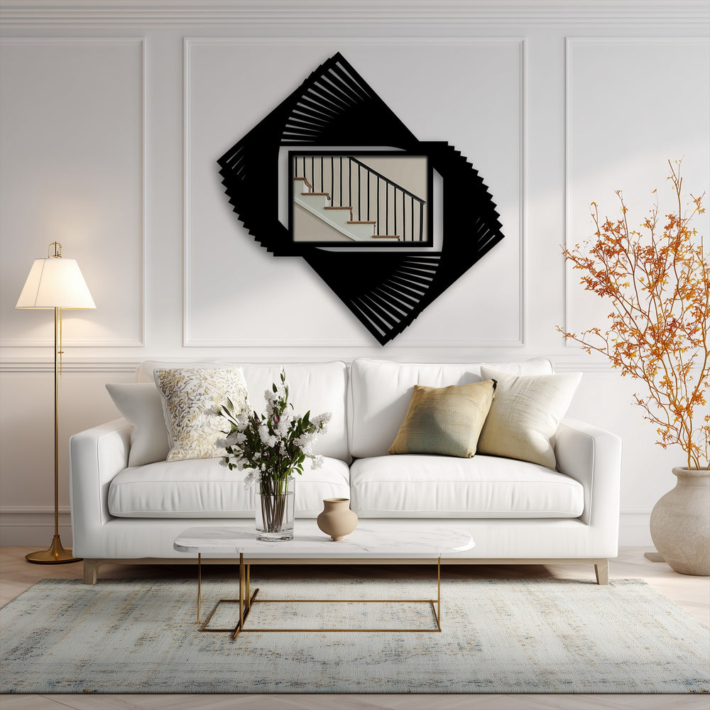 Dynamic spiral metal artwork steals attention as a rotating blade metal floor mirror framed by geometric shapes becomes the room's boldest statement.