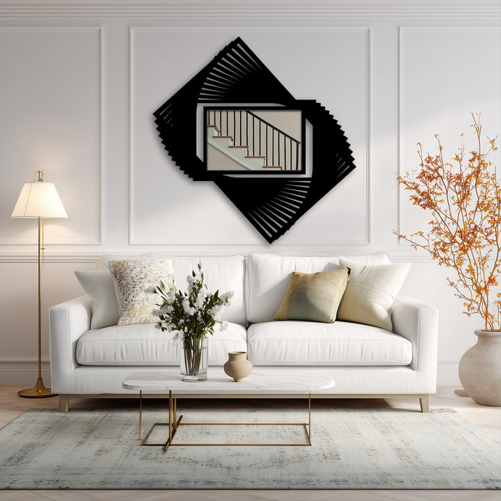 Dynamic spiral metal artwork steals attention as a rotating blade metal floor mirror framed by geometric shapes becomes the room's boldest statement.
