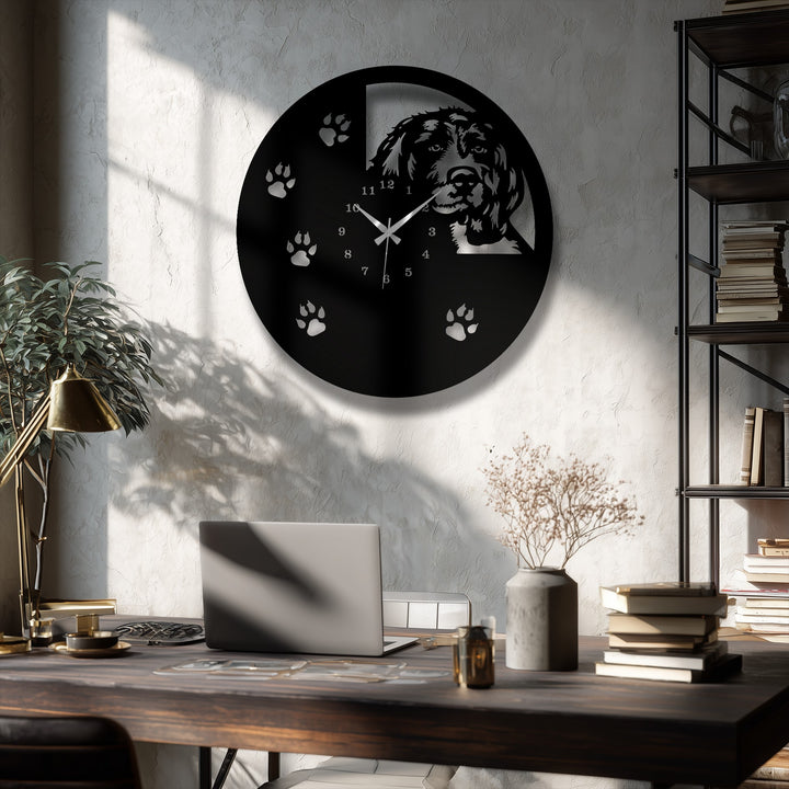 A striking black circular dog silhouette metal wall clock with a playful paw print design, serving as an eye-catching decoration wall art.