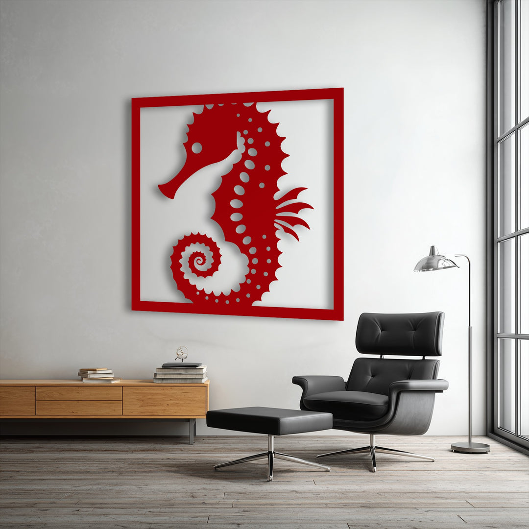 A vibrant red seahorse silhouette in a sleek square frame acts as an eye-catching focal point, embodying exquisite metal wall decor.