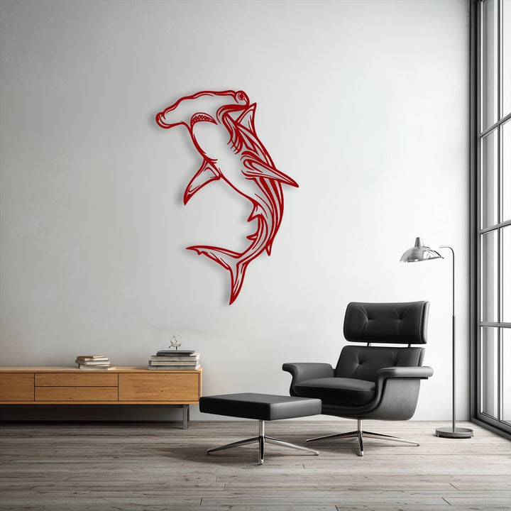 A striking vivid red hammerhead shark metal decoration wall art piece, showcasing an ocean predator with intricate details.
