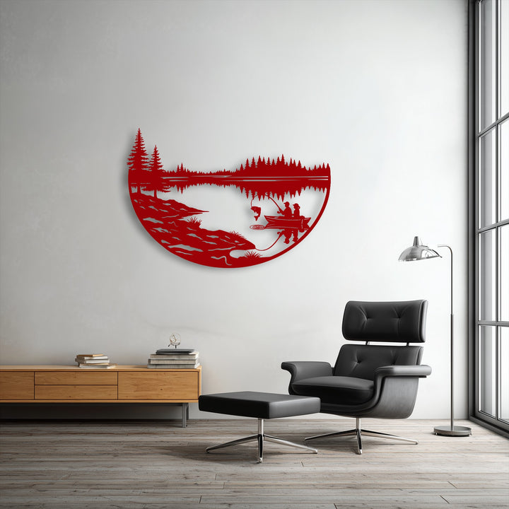 The clean, bright white wall in the background beautifully complements the detailed peaceful fishing lake metal wall decor.