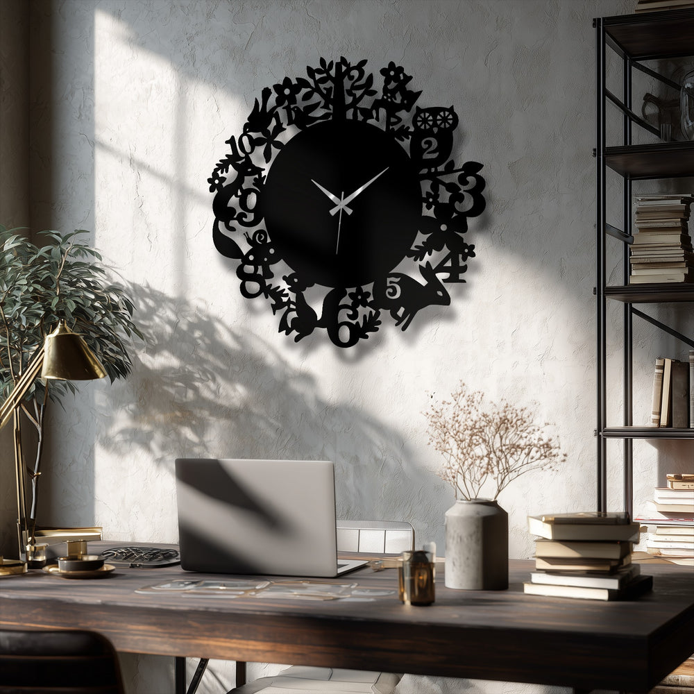 Mounted on the wall, the woodland animals metal wall clock showcases its forest nature design as an intricate and decorative piece of metal wall decor.