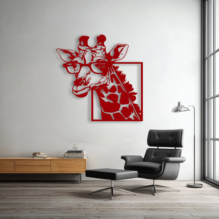 A vibrant red stylish giraffe with glasses metal decoration wall art prominently features on a white wall in a modern setting.