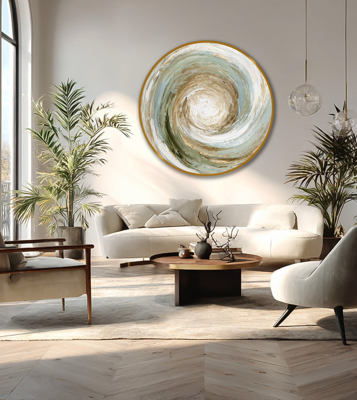 Round earth-toned abstract spiral demonstrates geometric elements in this oil painting art prints piece, offering an intriguing focal point.
