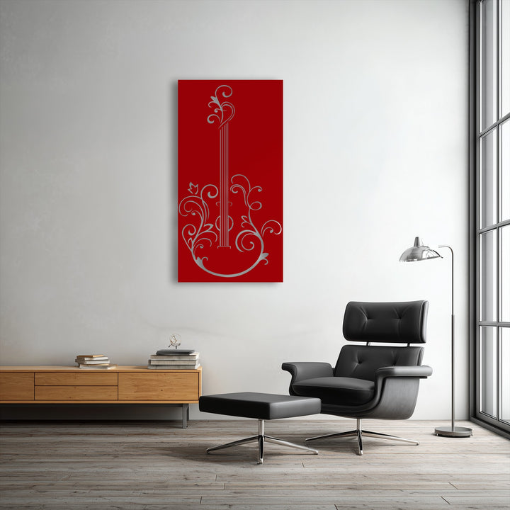 Geometric elements define this captivating metal wall decor, showcasing a rectangular art piece and a flowing silver guitar silhouette.
