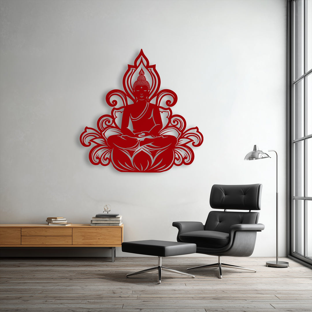 A plush black leather armchair and ottoman ground a serene room featuring intricate Buddha Lotus Silhouette metal wall decor.