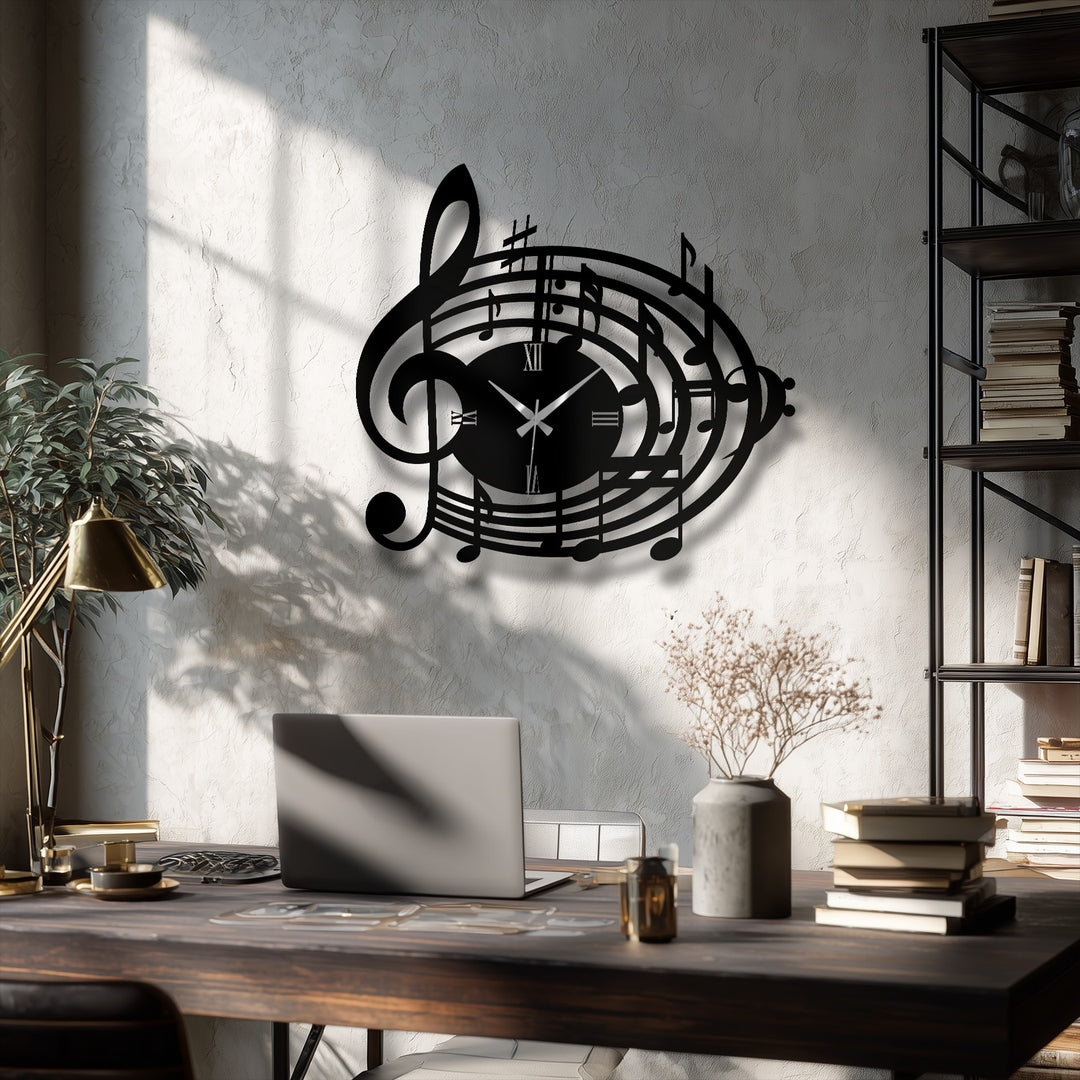 Warm color temperature highlights the decorative metal art treble clef musical notes wall clock as it casts a soft shadow on the textured wall.
