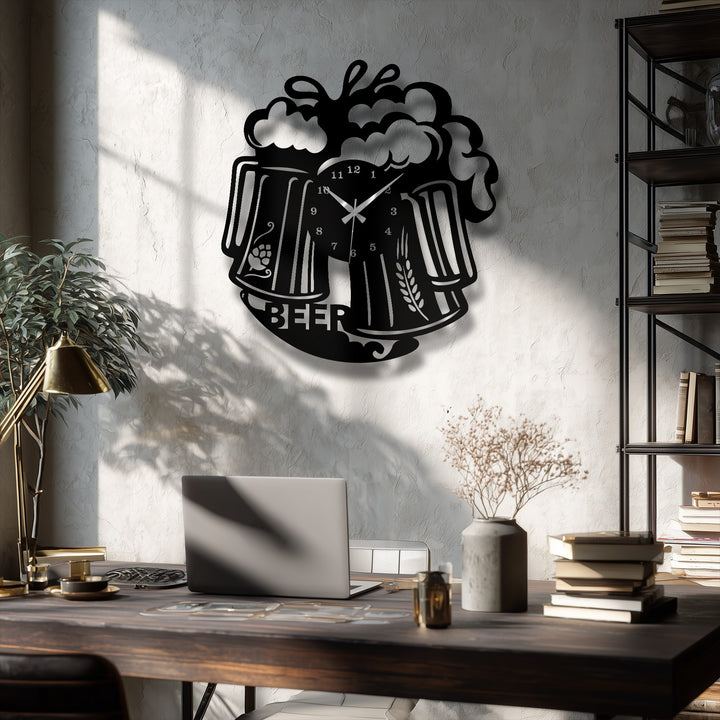 This frothy beer mug metal wall clock featuring a pub-style beverage design serves as an eye-catching piece of metal art for wall and an amazing focal point.