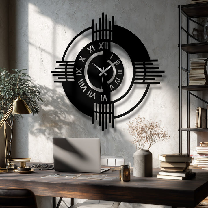 Intersecting geometric lines combine with a black finish to create the organic forms in this modern Roman numeral geometric metal artwork clock.