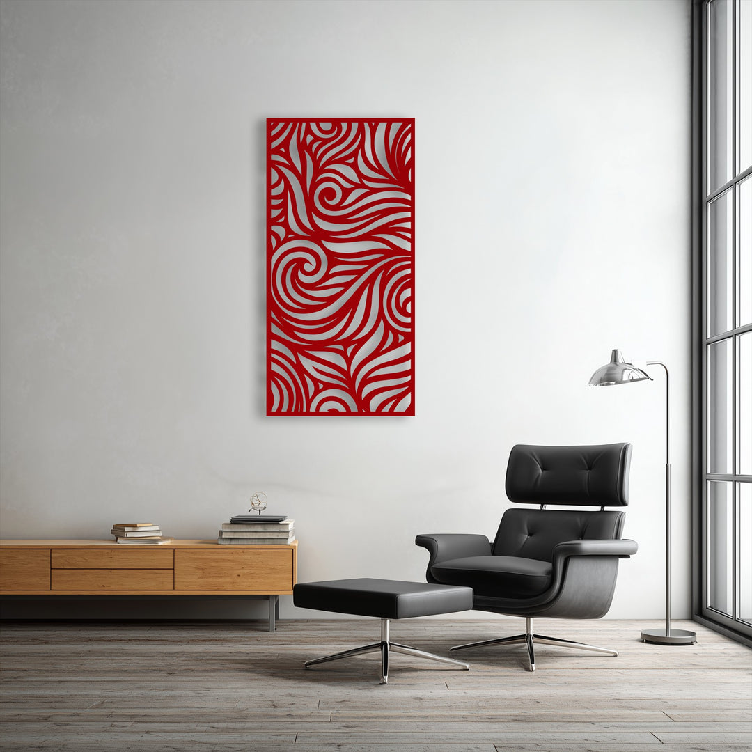 The focal point is a vibrant red abstract flow pattern metal wall decor, showcasing intricate swirling designs beautifully.