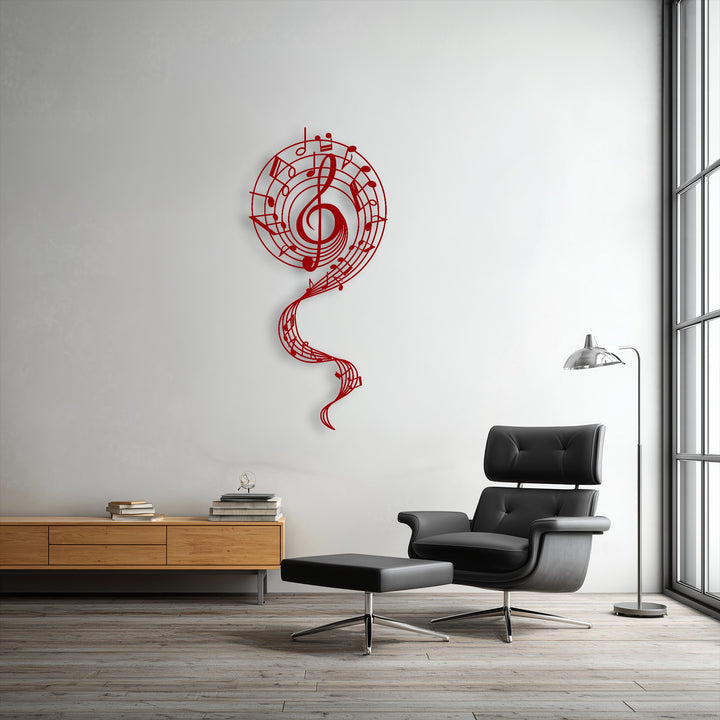 The plain white background wall features subtle textures, enhancing the red flowing melody treble clef decorative metal art.