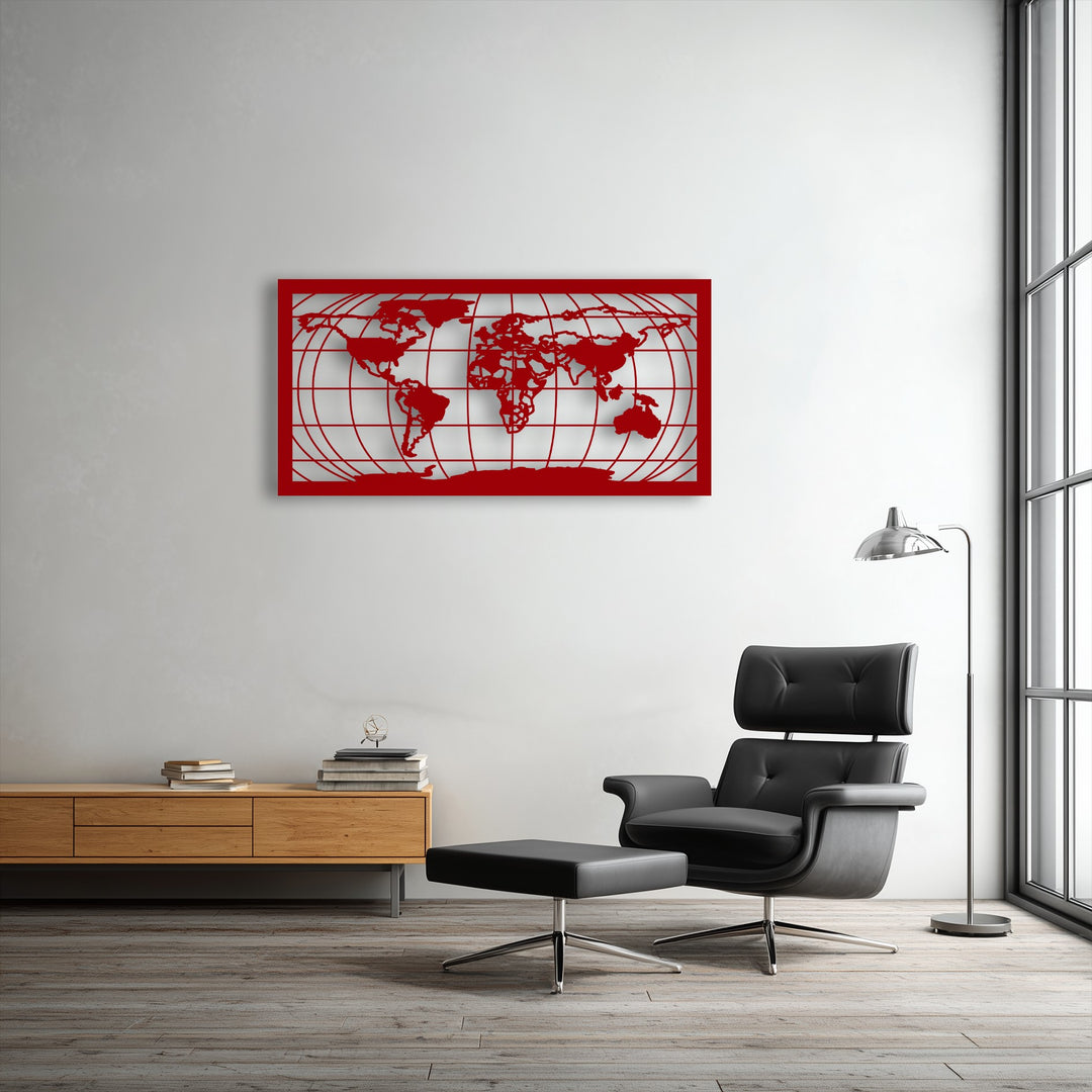 A modern black leather armchair and ottoman are centered in the foreground, perfectly suiting the space with the world map metal art for wall.