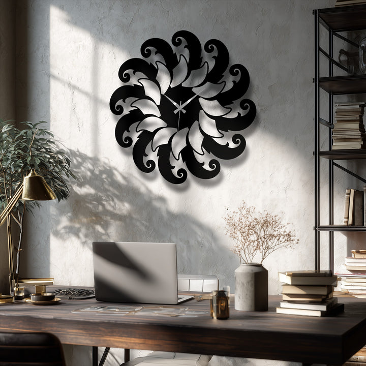 The precise, intricate edges and borders of the unique metal wall art form a captivating floral spiral pattern on the clock, casting dynamic shadows.
