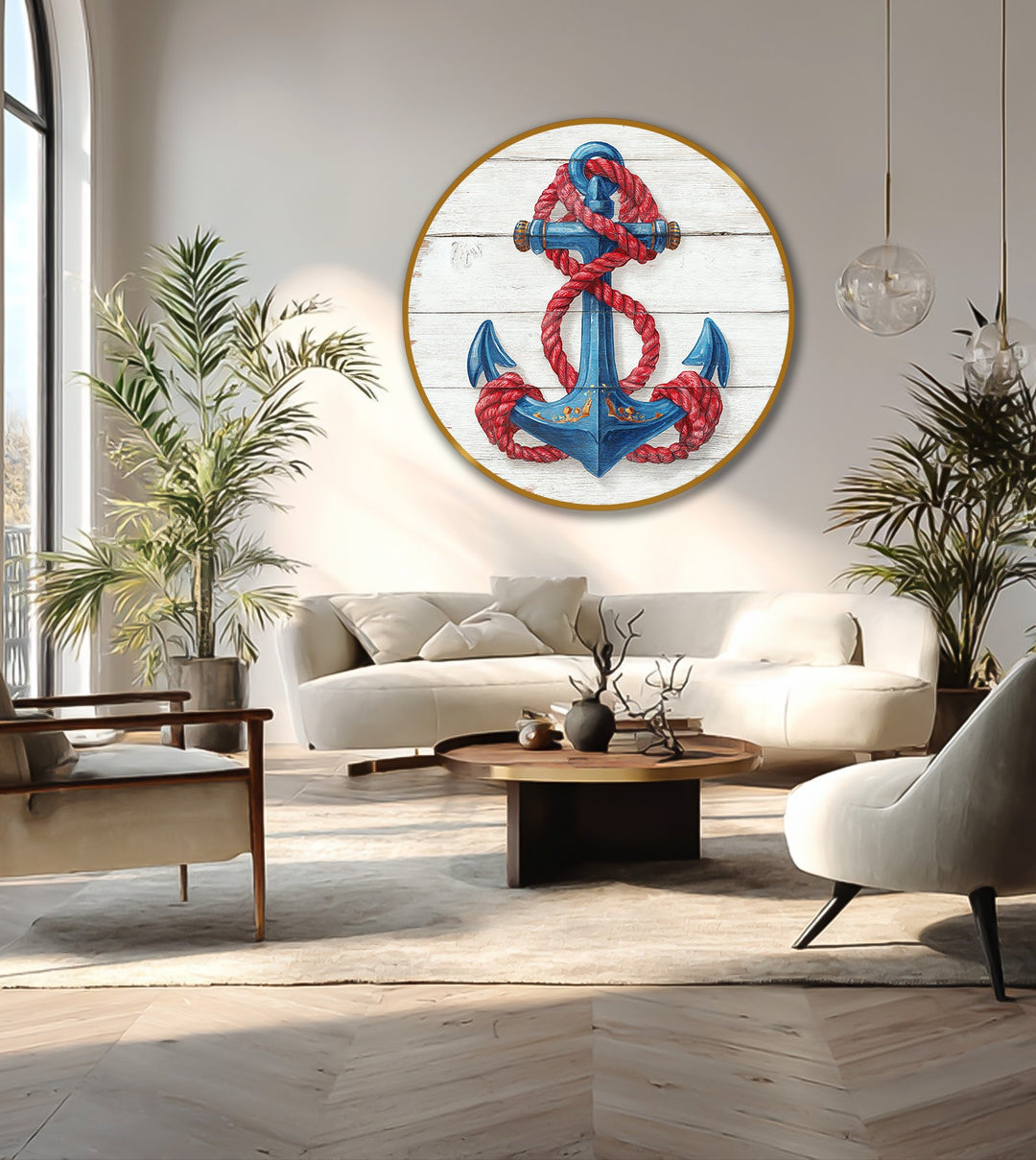 Multiple layers of nautical elements give this round oil painting art piece depth, where a blue anchor tied with red rope stands out against a rustic backdrop.